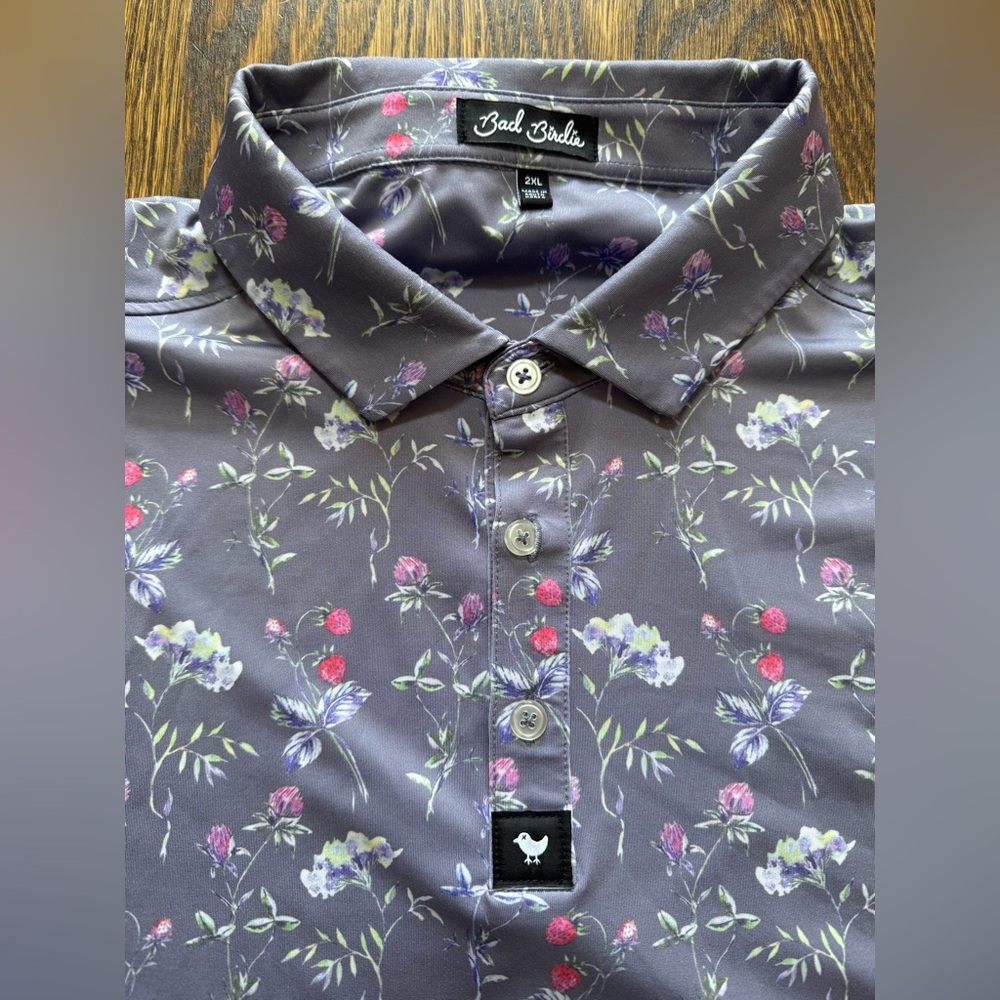Bad Birdie Gray and Purple Polo Shirt Modern Floral Design